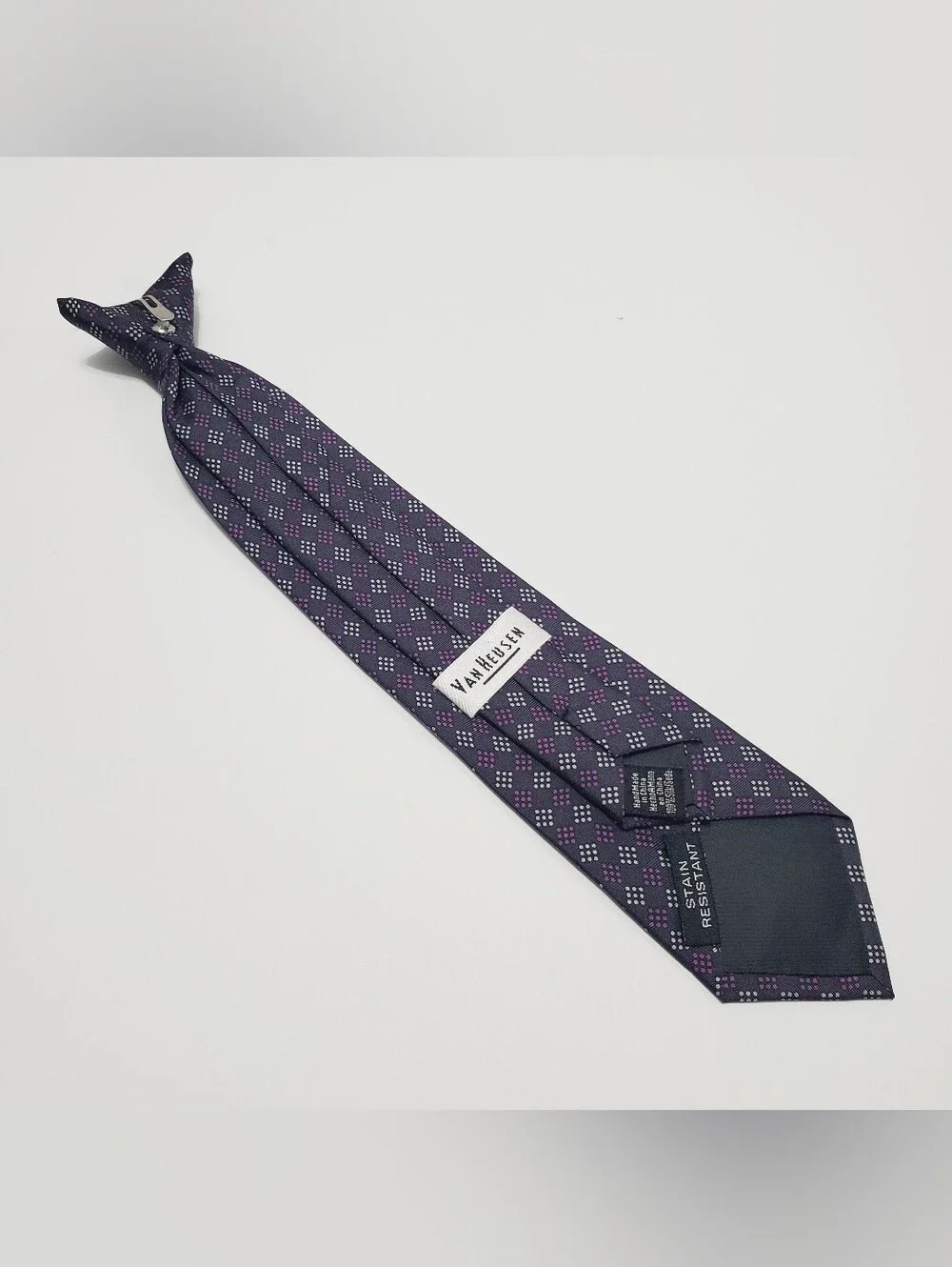 Van Heusen Boy's Silk Clip-on Neck Tie Purple Geometric Pattern Stain Resistant